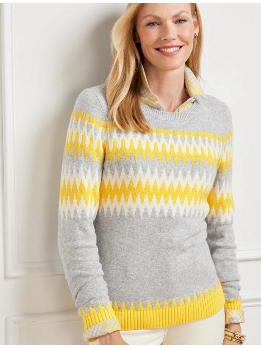 Talbots Grey Sweater with Yellow and White Chevron Crewneck